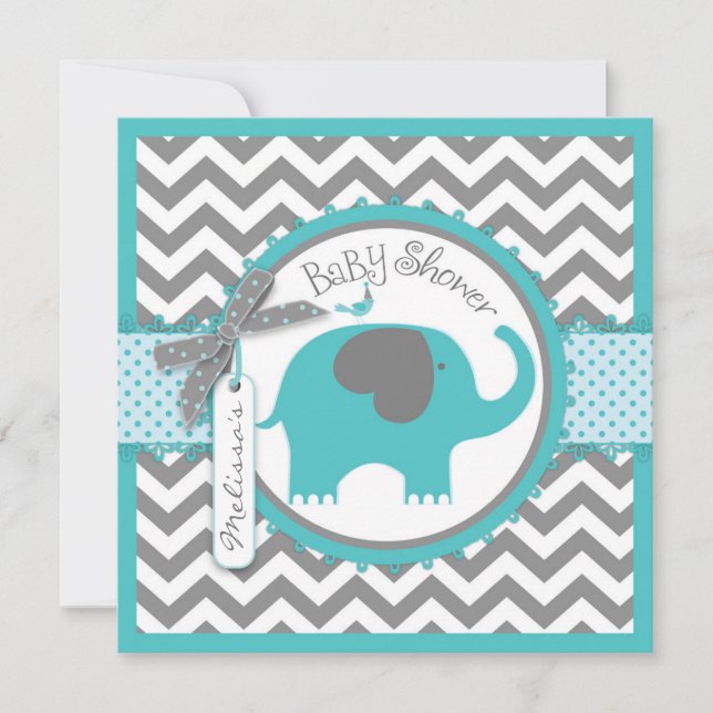 Invitation Turquoise Elephant Boy Chevron Imprimer Baby showe (Devant)