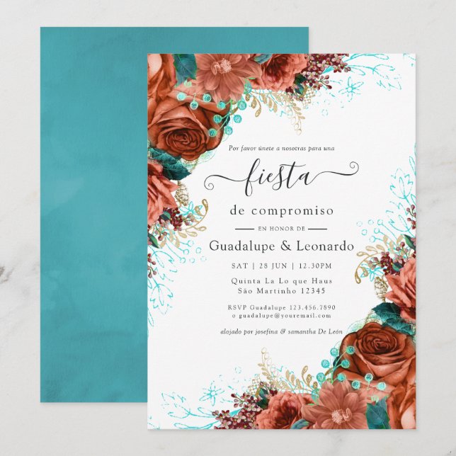 Invitation Turquoise Espagnol & Fiançailles Floral Party (Devant / Derrière)