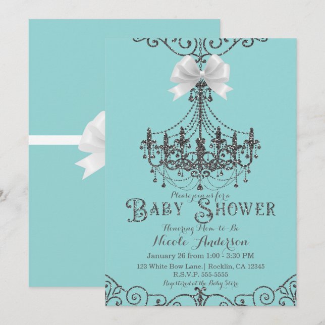Invitation Turquoise et Argent Blanc Nœud Chic Baby Shower (Devant / Derrière)