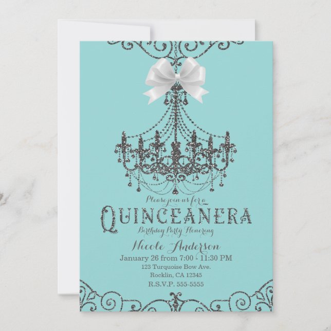 Invitation Turquoise et argent Cérémonie de 15 ans avec nœud  (Devant)