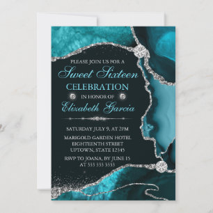 Invitation Turquoise et Argent Faux Parties scintillant Agate