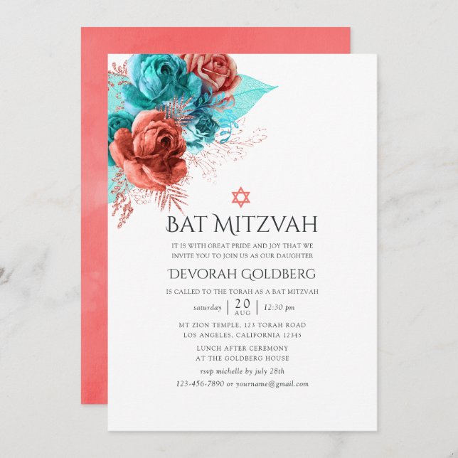 Invitation Turquoise et Bat mitzvah Floral de corail vivant (Devant / Derrière)