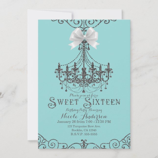 Invitation Turquoise et blanc argenté Bow Sweet 16 Seize (Devant)