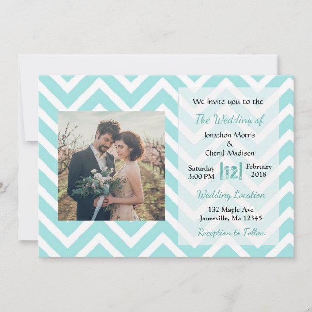 Invitation Turquoise et blanc Chevron Photo Wedding Invitatio (Devant)