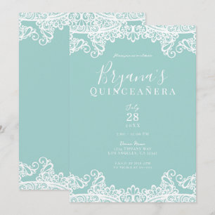Invitation Turquoise et Blanc Dentelle Élégante Fête de Quinc