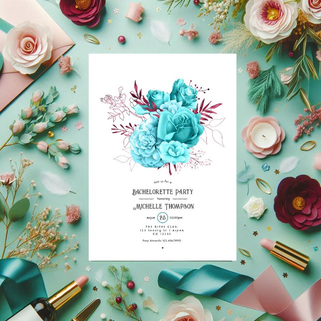 Invitation Turquoise et Bourgogne Floral Bachelorette Party (Teal and Burgundy Floral Bachelorette Party Invitation)