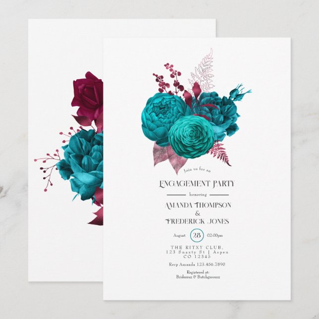 Invitation Turquoise et Bourgogne Floral Engagement Party (Devant / Derrière)