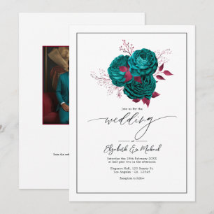 Invitation Turquoise et Bourgogne Floral Mariage Photo QR Cod