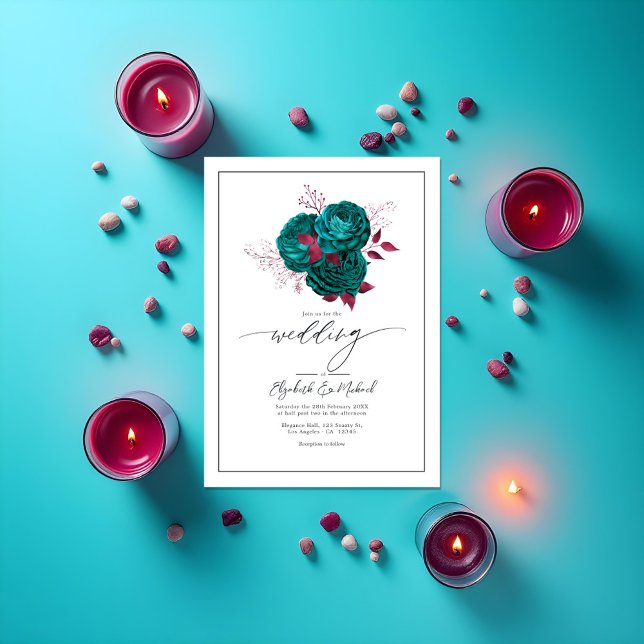 Invitation Turquoise et Bourgogne Floral Mariage Photo QR Cod (Turquoise & Burgundy Floral Wedding Photo QR Code Invitation)