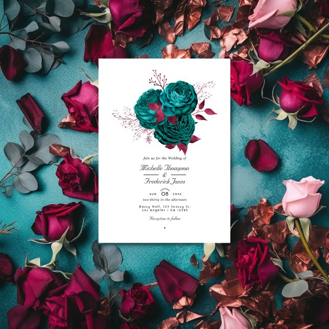 Invitation Turquoise et Bourgogne Floral QR Code Mariage (Créateur téléchargé)