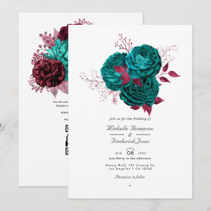 Invitation Turquoise et Bourgogne Floral QR Code Mariage