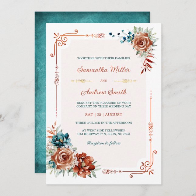 Invitation Turquoise et Burange Orange Mariage Modèle (Devant / Derrière)