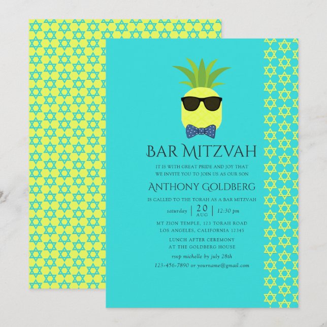 Invitation Turquoise et citron tropical Bar Mitzvah d'été (Devant / Derrière)