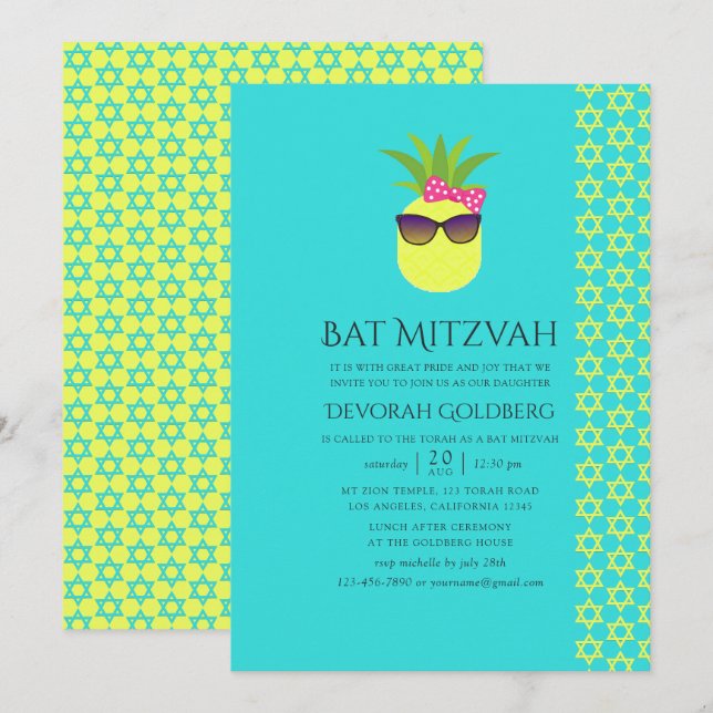 Invitation Turquoise et citron tropical été Bat Mitzvah (Devant / Derrière)