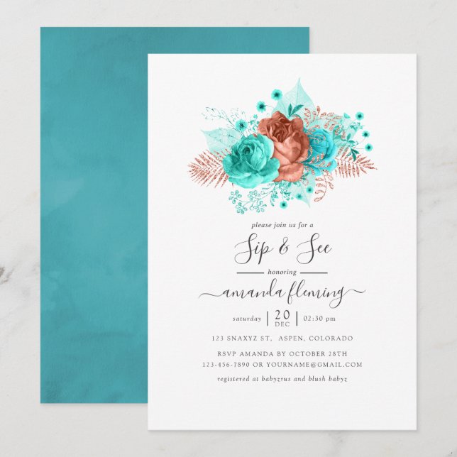 Invitation Turquoise et corail Floral Sip and See (Devant / Derrière)