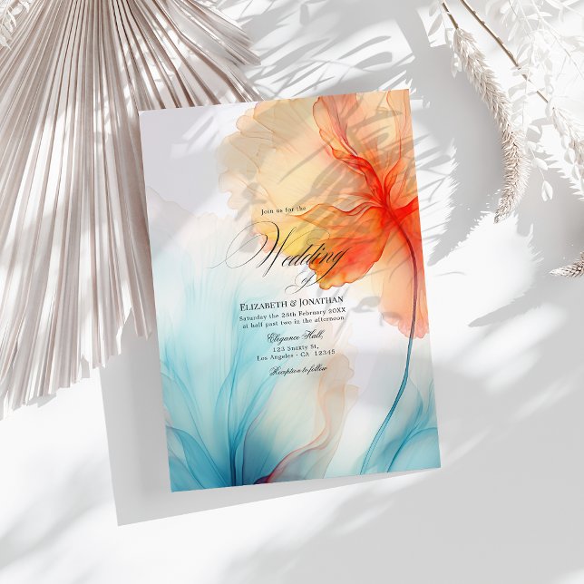 Invitation Turquoise et Corail Mariage Moderne Abstrait à l'E (Teal and Coral Modern Abstract Alcohol Ink Wedding Invitation)
