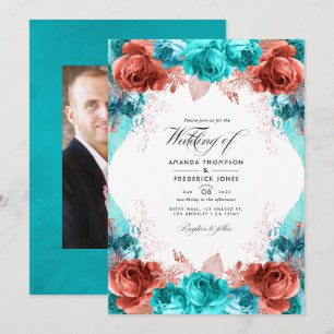 Invitation Turquoise et Corail Photo de mariage floral rustiq