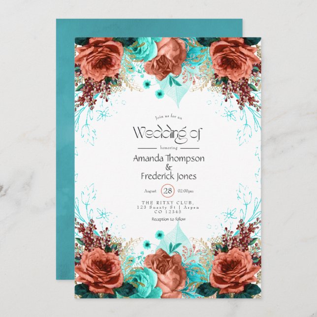 Invitation Turquoise et corail Rustique Floral Mariage Invita (Devant / Derrière)