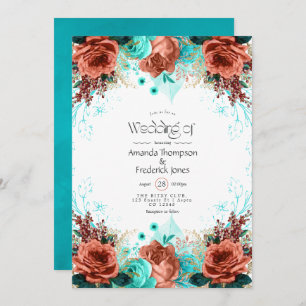 Invitation Turquoise et corail Rustique Floral Mariage Invita