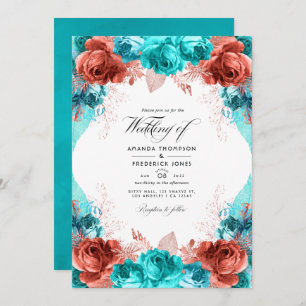 Invitation Turquoise et Corail Rustique Floral Mariage Photo 