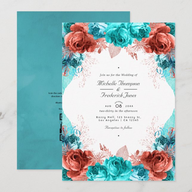 Invitation Turquoise et corail Rustique Floral QR Code Mariag (Devant / Derrière)