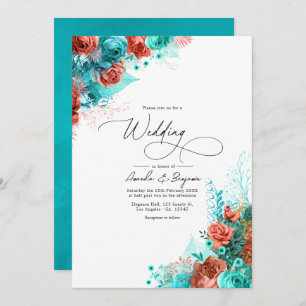 Invitation Turquoise et corail Rustique Mariage floral