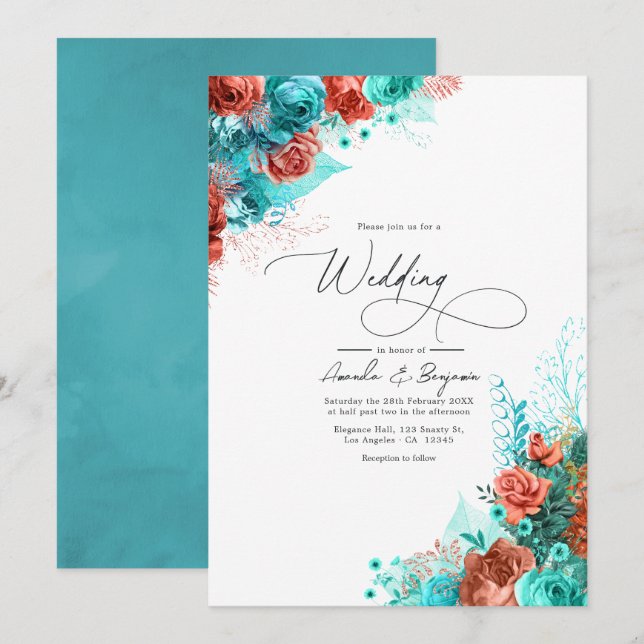 Invitation Turquoise et corail Rustique Mariage floral (Devant / Derrière)