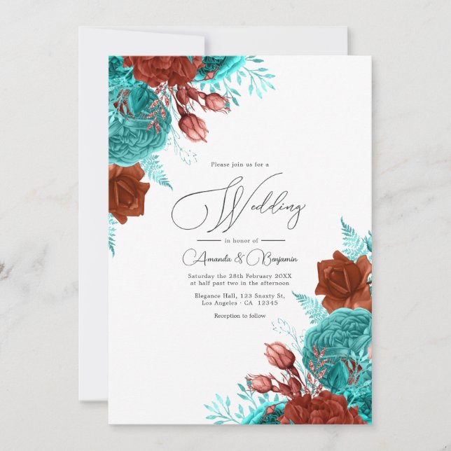 Invitation Turquoise et corail Rustique Mariage floral (Devant)