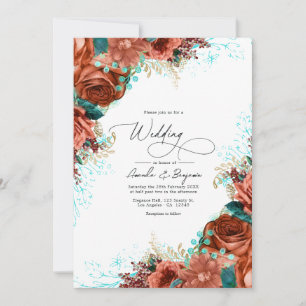 Invitation Turquoise et corail Rustique Mariage floral