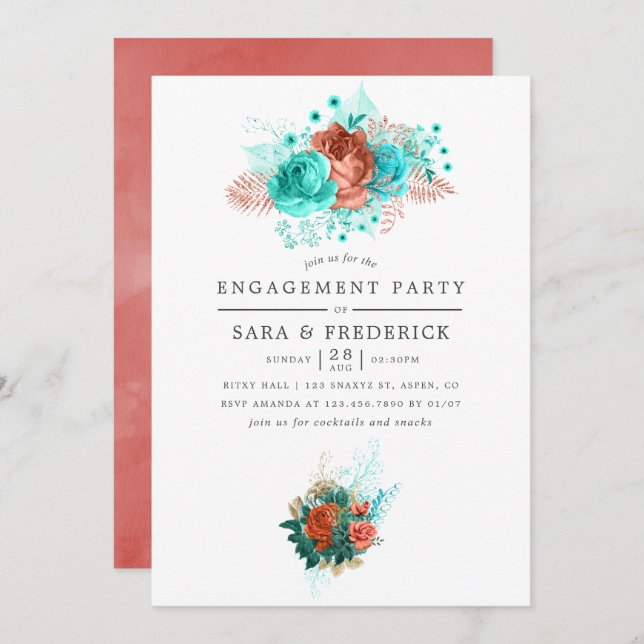 Invitation Turquoise et corail Tropical Engagement Party (Devant / Derrière)