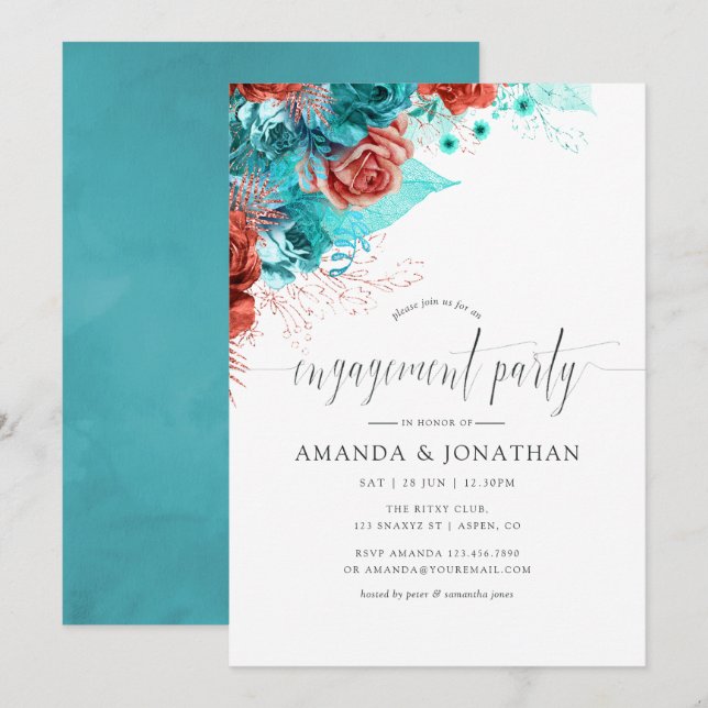 Invitation Turquoise et corail Tropical Engagement Party (Devant / Derrière)