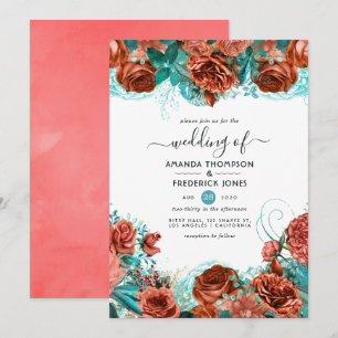 Invitation Turquoise et corail vivant mariage floral rustique