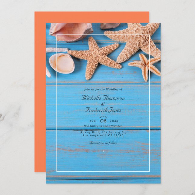 Invitation Turquoise et Coral Beach QR Code RSVP Mariage (Devant / Derrière)