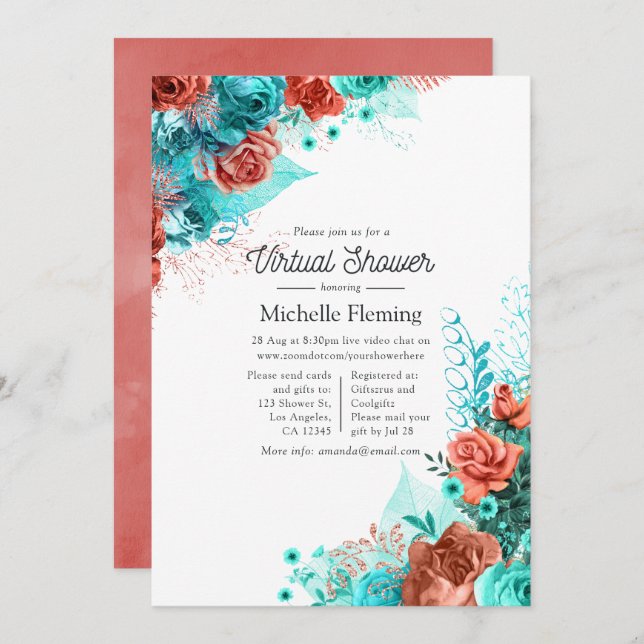 Invitation Turquoise et Coral Floral Baby shower virtuel (Devant / Derrière)
