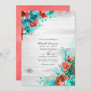 Invitation Turquoise et Coral Floral QR Code RSVP Mariage In