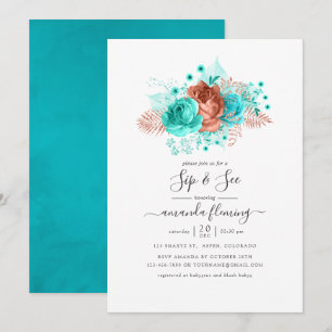 Invitation Turquoise et Coral Floral Sip et voir