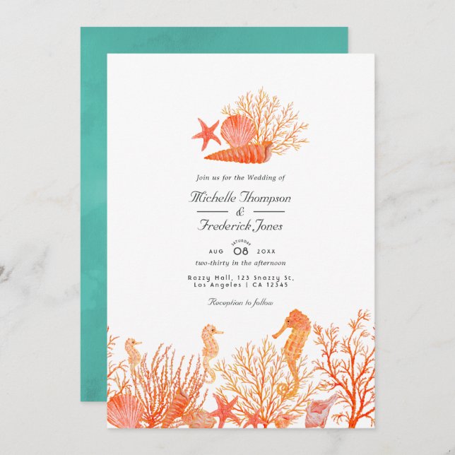 Invitation Turquoise et Coral QR Code RSVP Beach Wedding (Devant / Derrière)