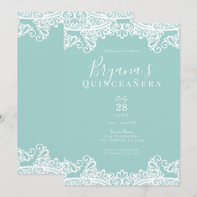 Invitation Turquoise et dentelle blanche, élégante fête de Qu (Devant / Derrière)