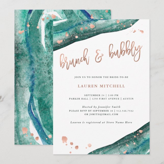 Invitation Turquoise et Faux Rose Gold Geode Brunch et Bubbly (Devant / Derrière)