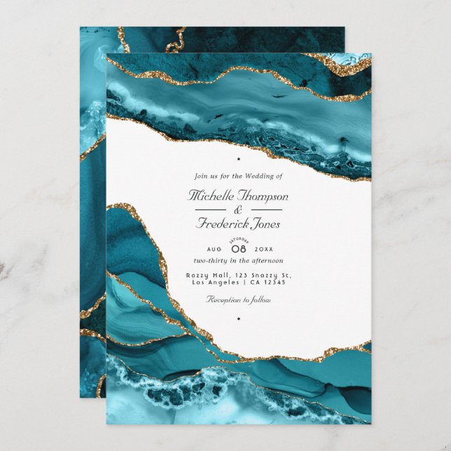 Invitation Turquoise et Gold Agate Pierre QR Code RSVP Mariag (Devant / Derrière)