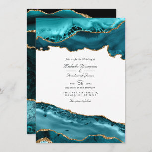 Invitation Turquoise et Gold Agate QR Code RSVP Mariage RSVP