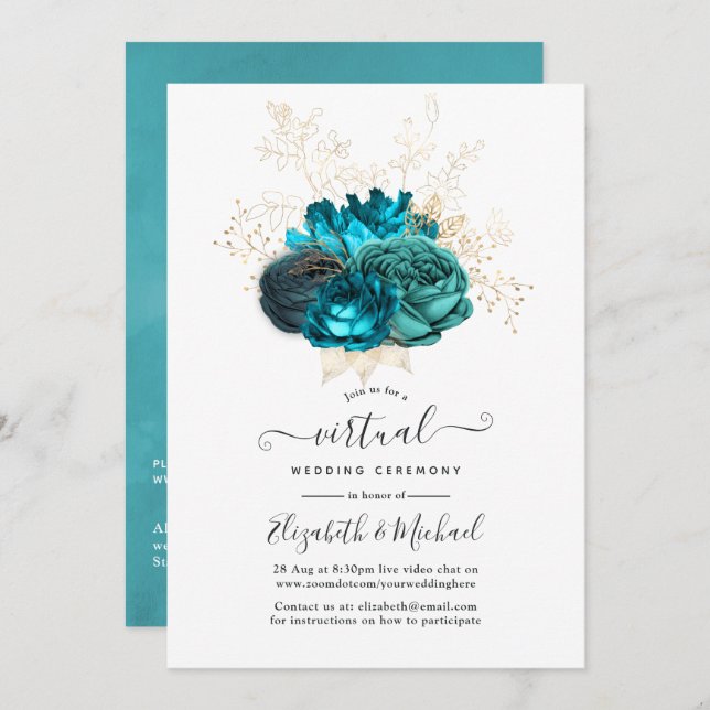 Invitation Turquoise et Gold Floral Mariage virtuel en ligne (Devant / Derrière)