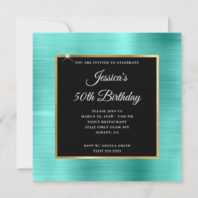Invitation Turquoise et Gold Foil Noir 50e anniversaire (Devant)