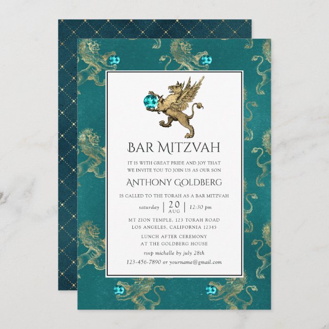 Invitation Turquoise et Gold Heraldique Bar Mitzvah (Devant / Derrière)