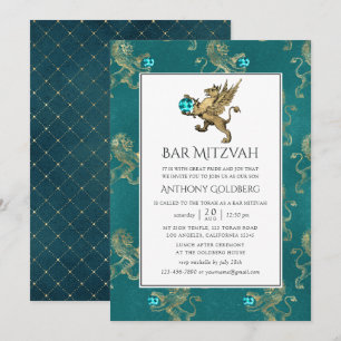 Invitation Turquoise et Gold Heraldique Bar Mitzvah