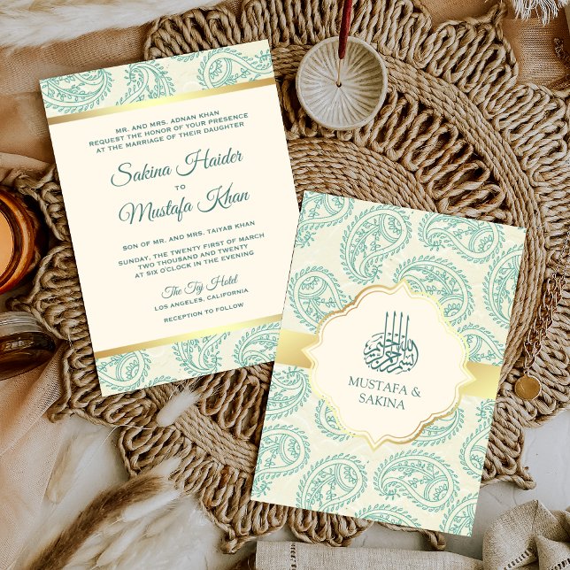 Invitation Turquoise et Gold Paisley Mariage musulman islamiq (Créateur téléchargé)