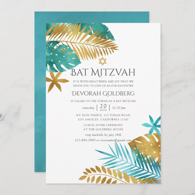 Invitation Turquoise et Gold Tropical Beach Bat mitzvah (Devant / Derrière)