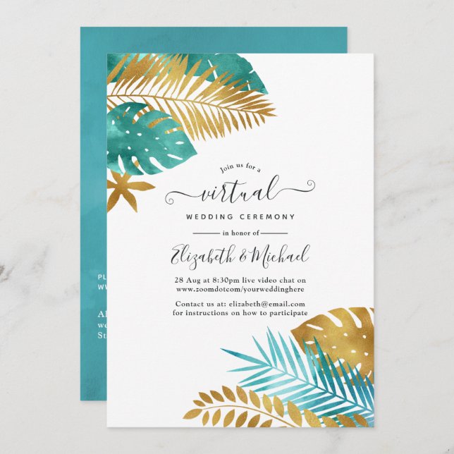 Invitation Turquoise et Gold Tropical Online Mariage virtuel (Devant / Derrière)
