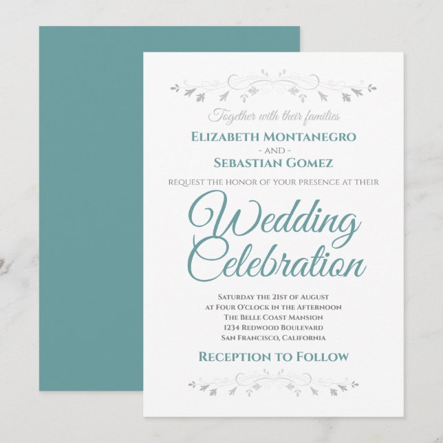 Invitation Turquoise et gris Simple Elégant Mariage Invitatio (Devant / Derrière)