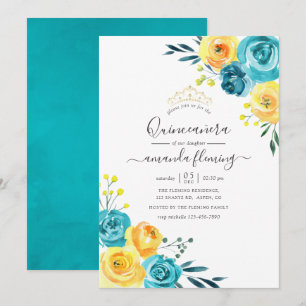 Invitation Turquoise et jaune Fleurs aquarelles Quinceañera